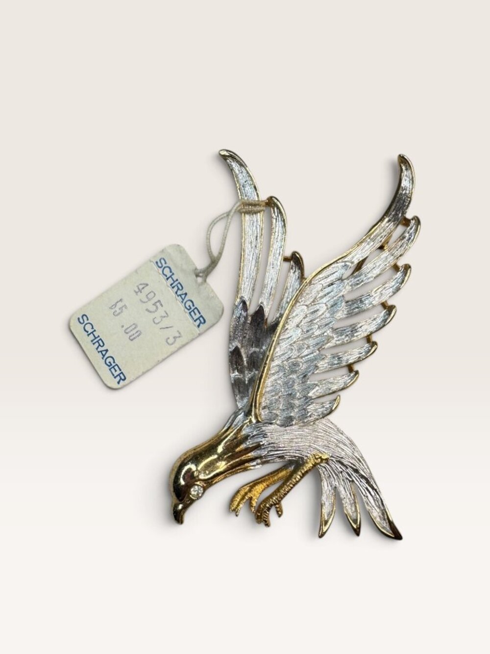 Schrager Vintage 1960s Gold Tone Soaring Eagle Rhinestone Brooch With Tag 2.45"